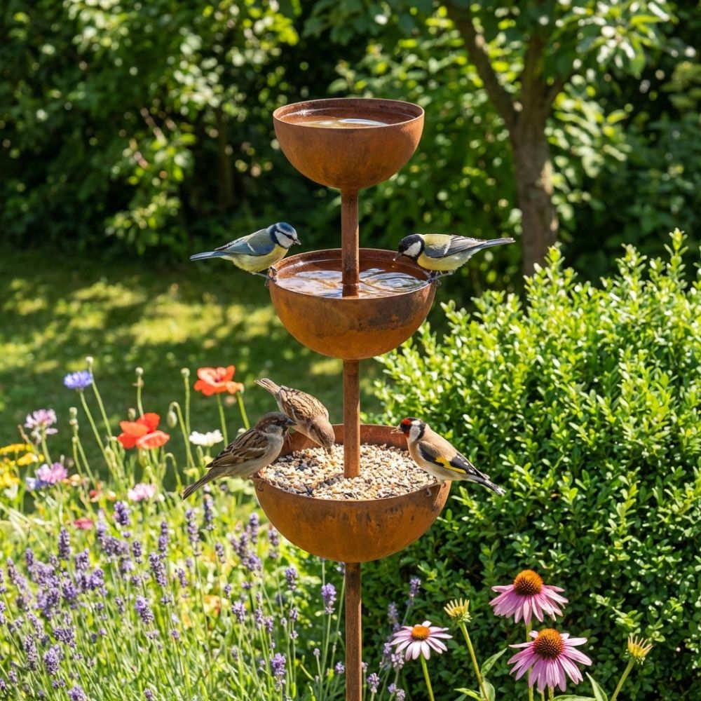 CopperBloom™ – Bain d’Oiseaux de Jardin Rustique en Cuivre sur Piquet