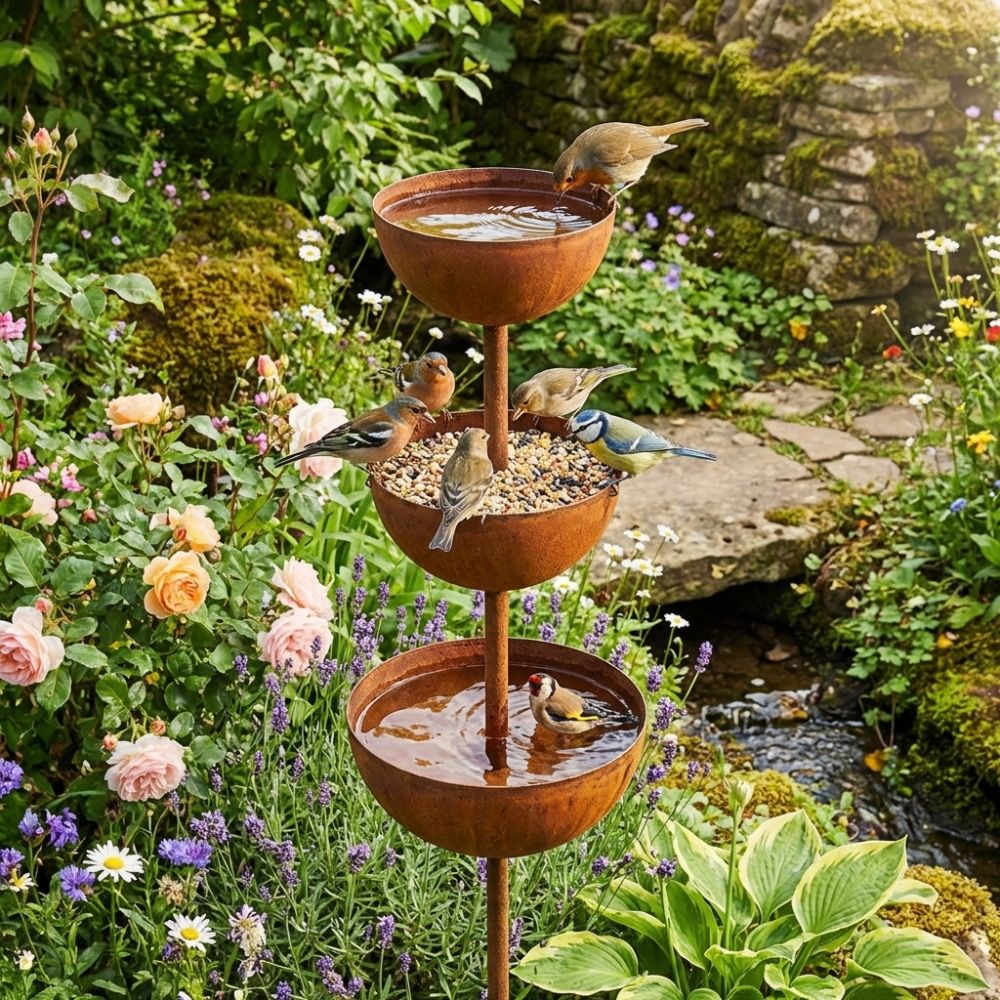 CopperBloom™ – Bain d’Oiseaux de Jardin Rustique en Cuivre sur Piquet
