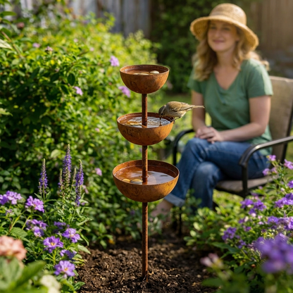 CopperBloom™ – Bain d’Oiseaux de Jardin Rustique en Cuivre sur Piquet