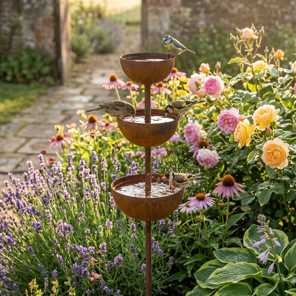 CopperBloom™ – Bain d’Oiseaux de Jardin Rustique en Cuivre sur Piquet