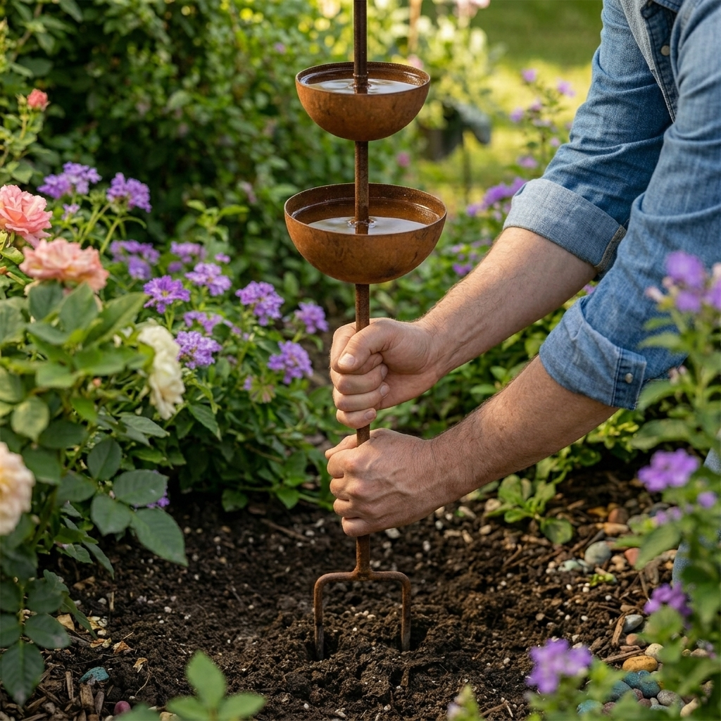 CopperBloom™ – Bain d’Oiseaux de Jardin Rustique en Cuivre sur Piquet
